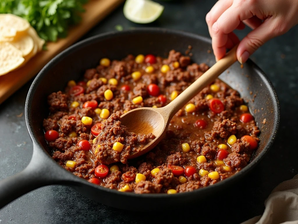 Thick taco beef mixture simmering uncovered in a skillet