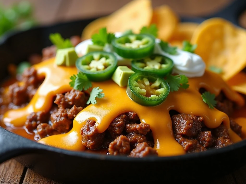 Melted cheese and fresh toppings on skillet taco beef