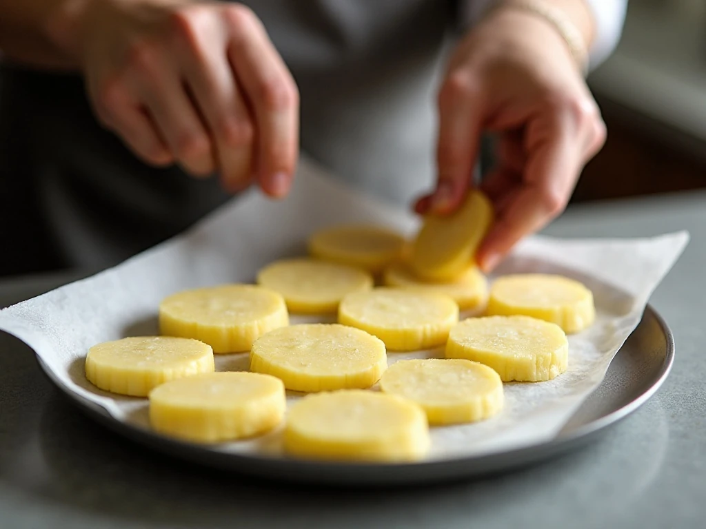 Thin potato slices arranged on parchment before microwaving