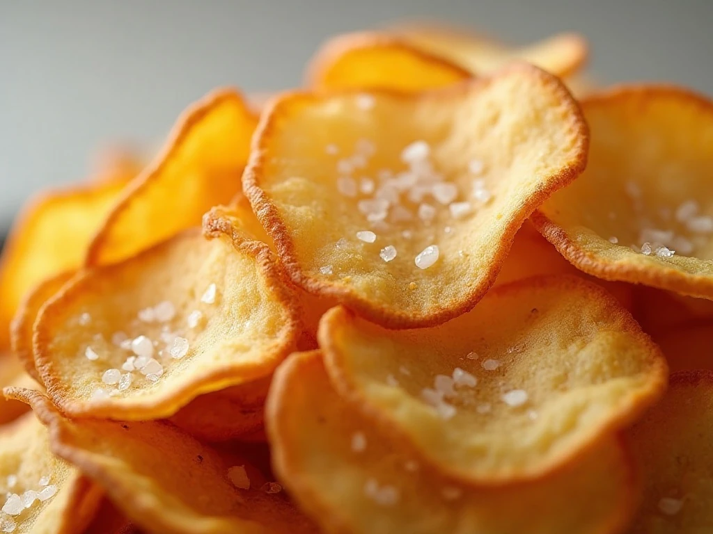 Close-up of crisp golden potato chip texture
