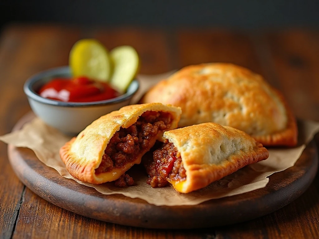 Golden Sloppy Joe Hot Pockets with beef filling and melted cheddar