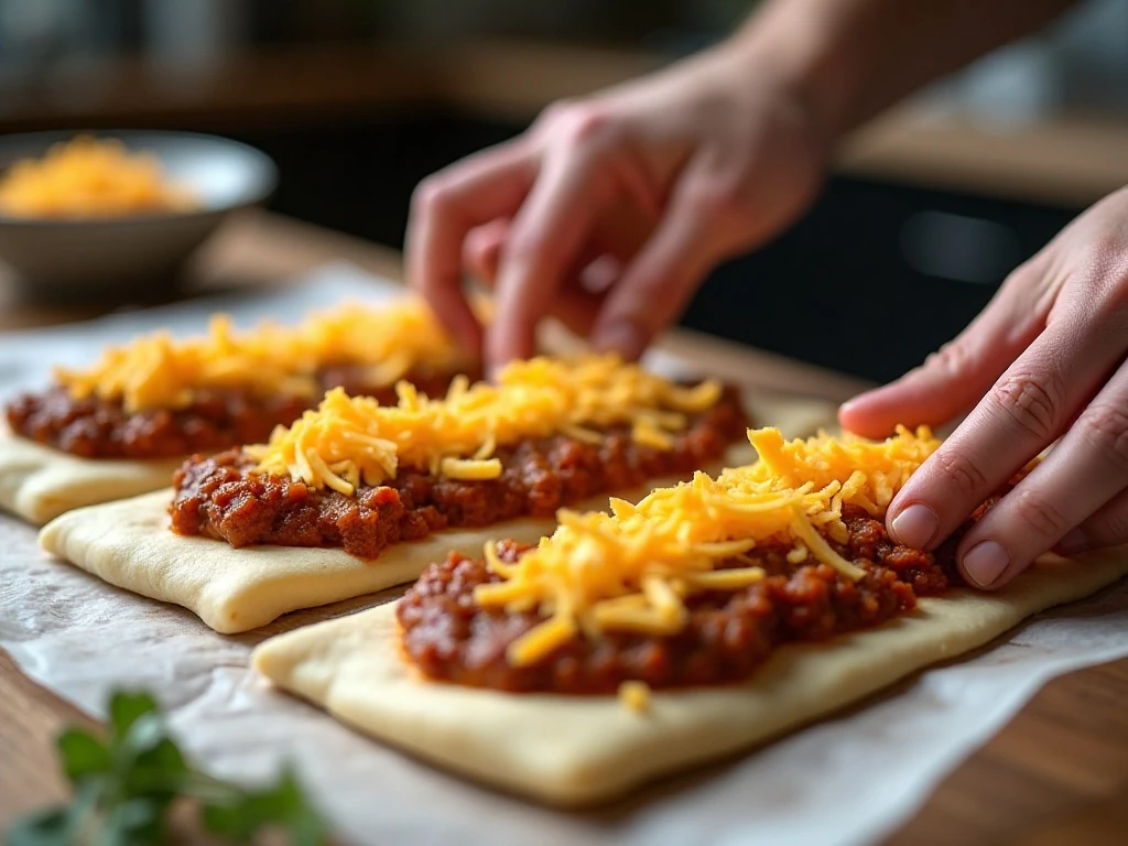 Filling pizza dough with sloppy joe mixture and cheddar