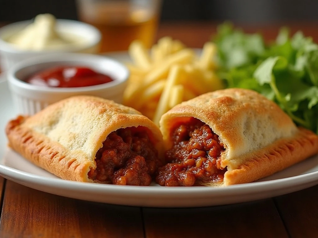 Sloppy Joe Hot Pockets served with ketchup pickles and coleslaw
