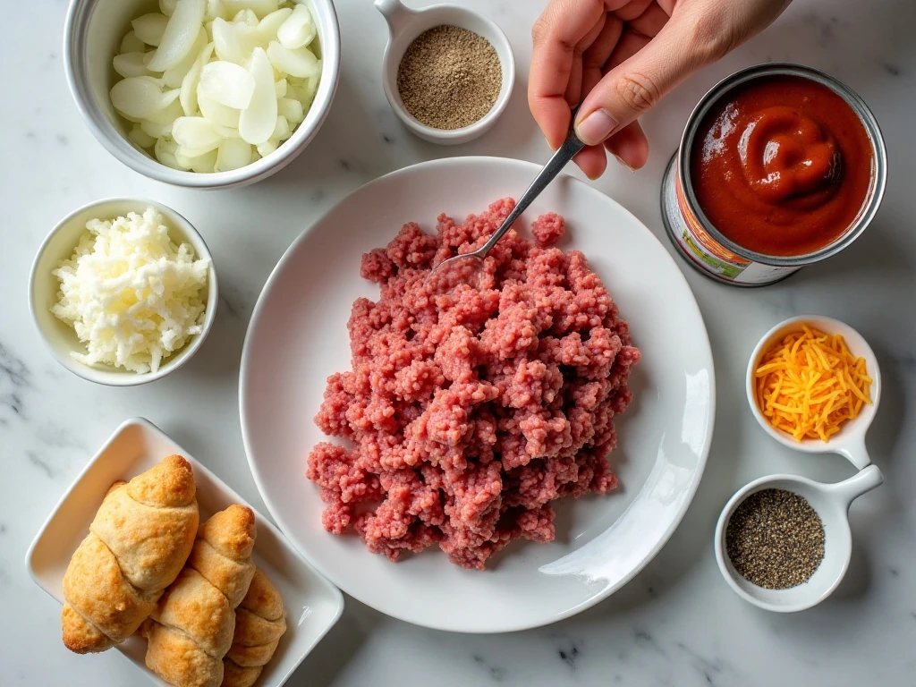Ingredients for easy sloppy joe pockets arranged on a counter