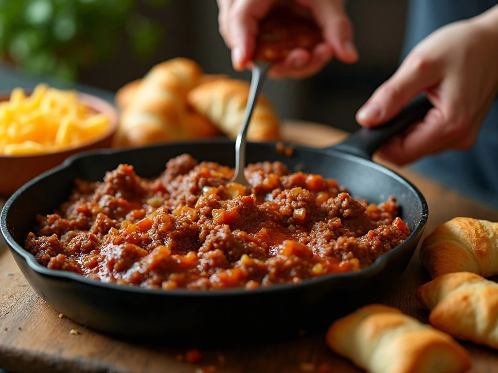 Cooking the sloppy joe beef filling before assembling the pockets