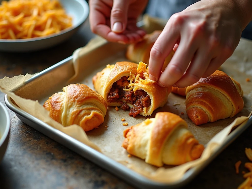 Filling and sealing crescent dough sloppy joe pockets