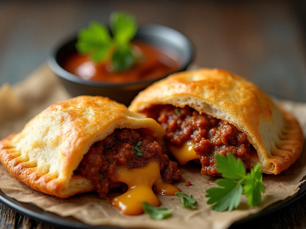 Close-up of a warm sloppy joe pocket with melted cheddar