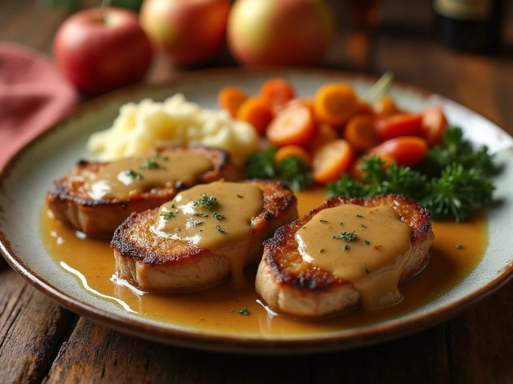 Apple cider smothered pork chops served with mashed potatoes and roasted vegetables