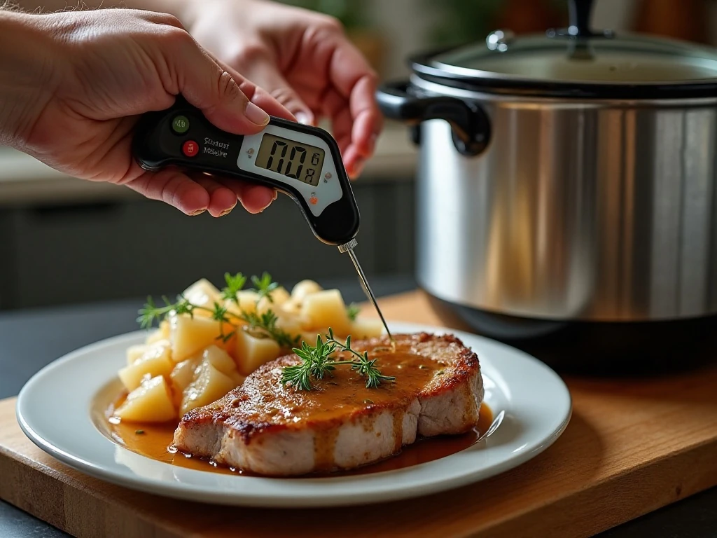Checking the internal temperature of a pork chop for doneness