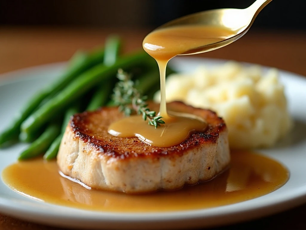 Cider gravy spooned over pork chops with mashed potatoes and green beans