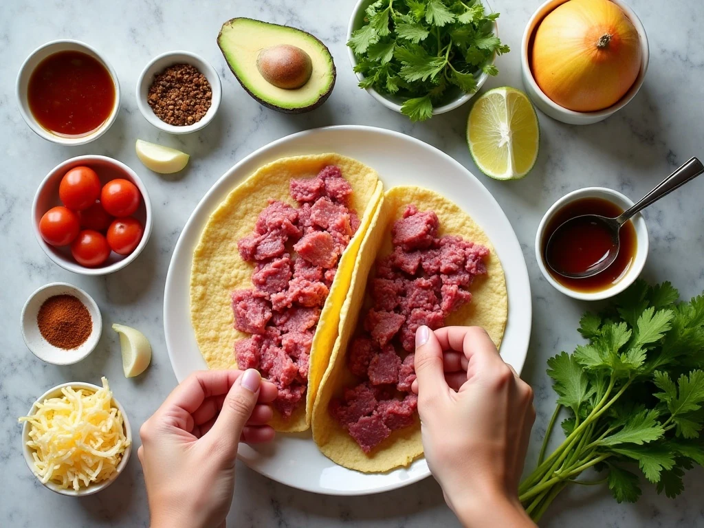 Ingredients for slow-cooked beef brisket tacos arranged in a flat lay