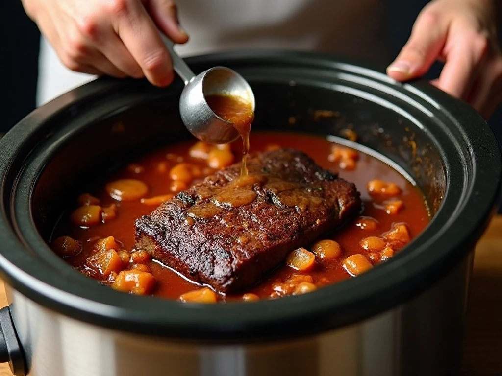 Searing beef brisket before slow cooking it in taco sauce