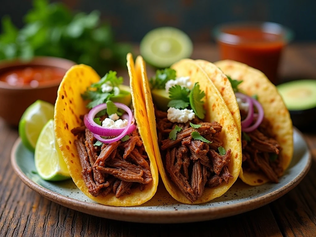 Platter of finished slow-cooked beef brisket tacos
