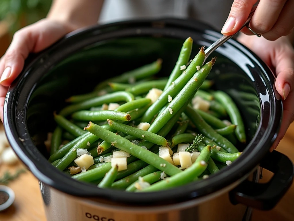 Green beans and seasonings arranged in a slow cooker before cooking