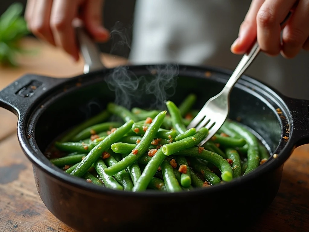 Tender green beans being checked for doneness in the slow cooker