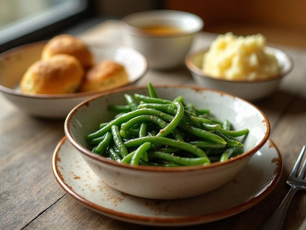 Slow cooked green beans served with a comforting family dinner