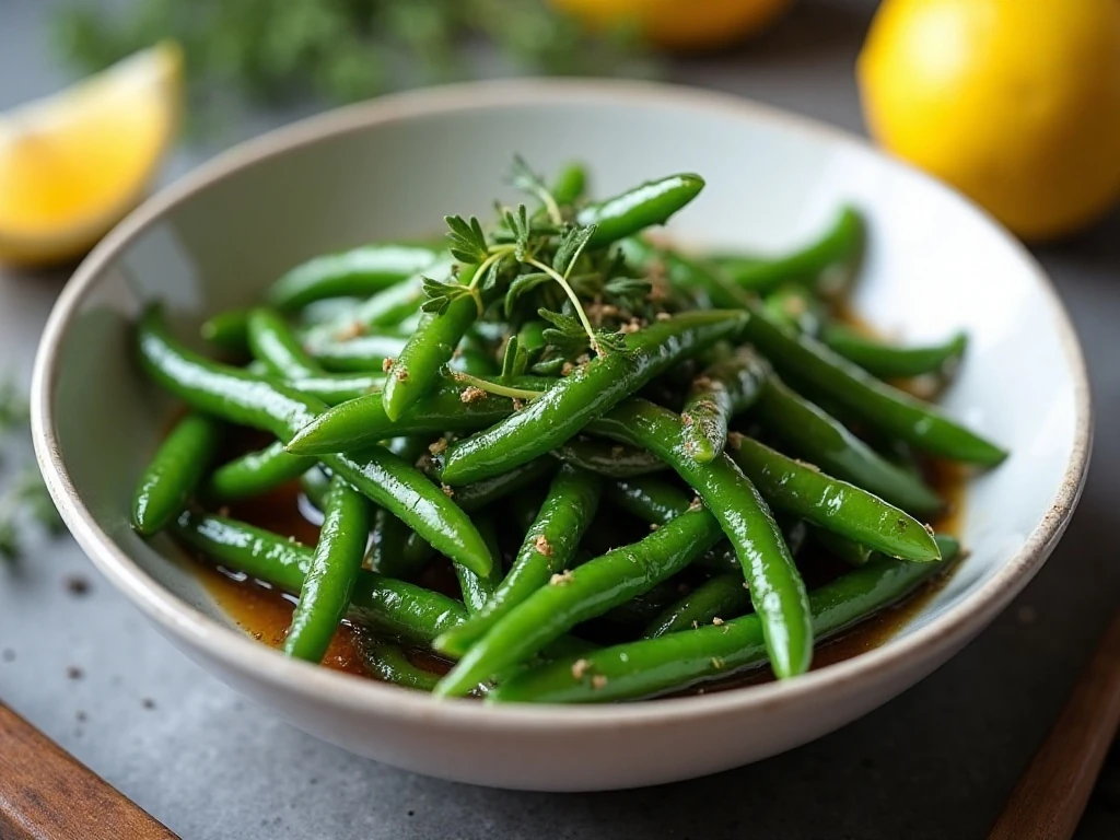 Close-up of slow cooked green beans finished with thyme, pepper, and lemon