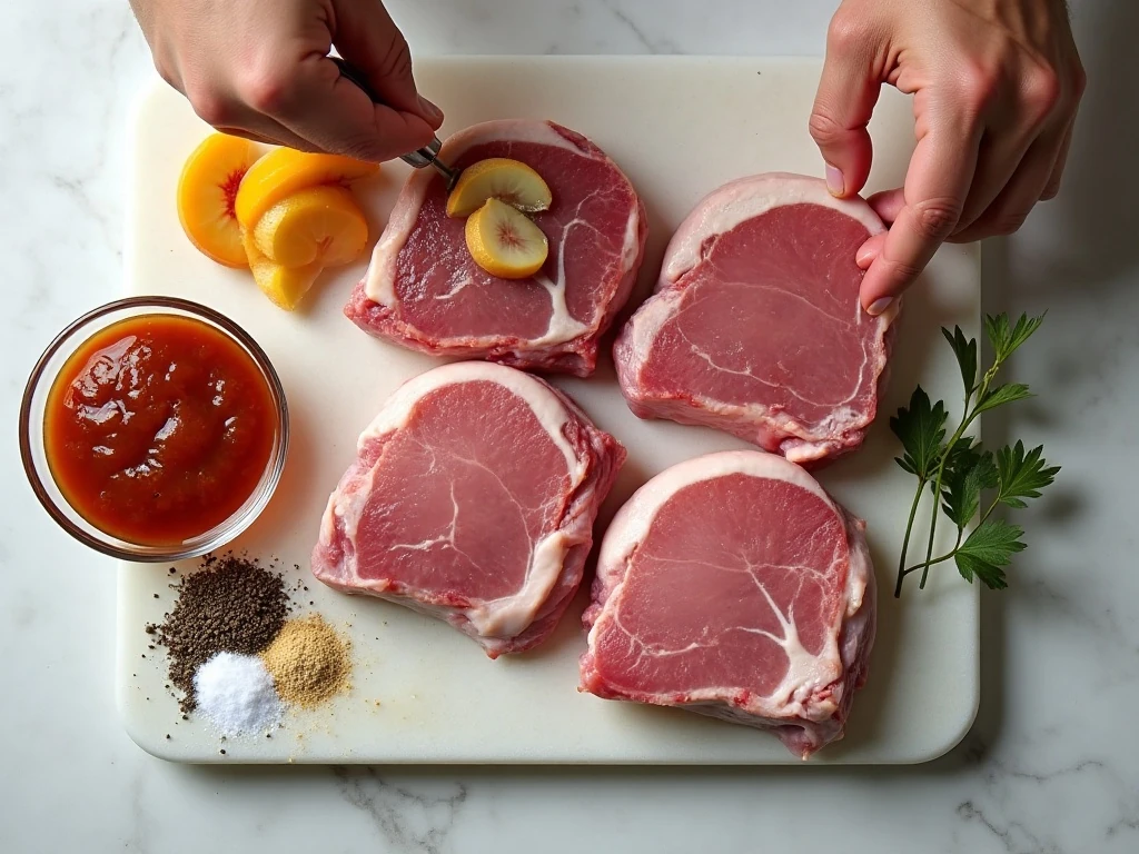 Ingredients for slow cooked peach barbecue smothered pork chops arranged on a counter