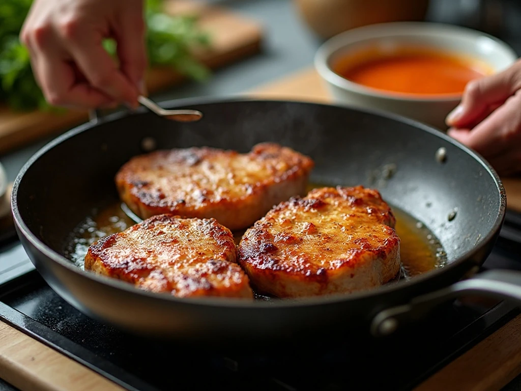 Pork chops browning in a skillet for better color and flavor