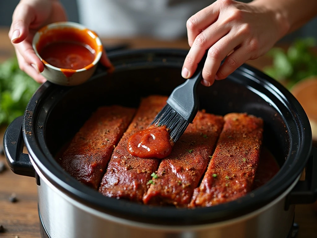 Seasoned rib sections being coated with barbecue sauce before slow cooking