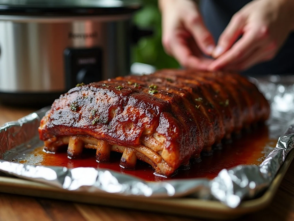 Tender slow cooker ribs arranged on a foil-lined sheet for broiling