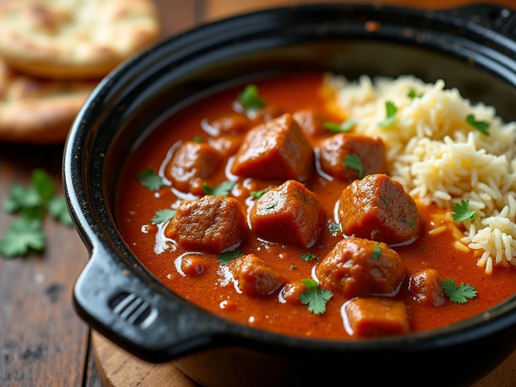 Indian-spiced beef cubes with basmati rice and naan