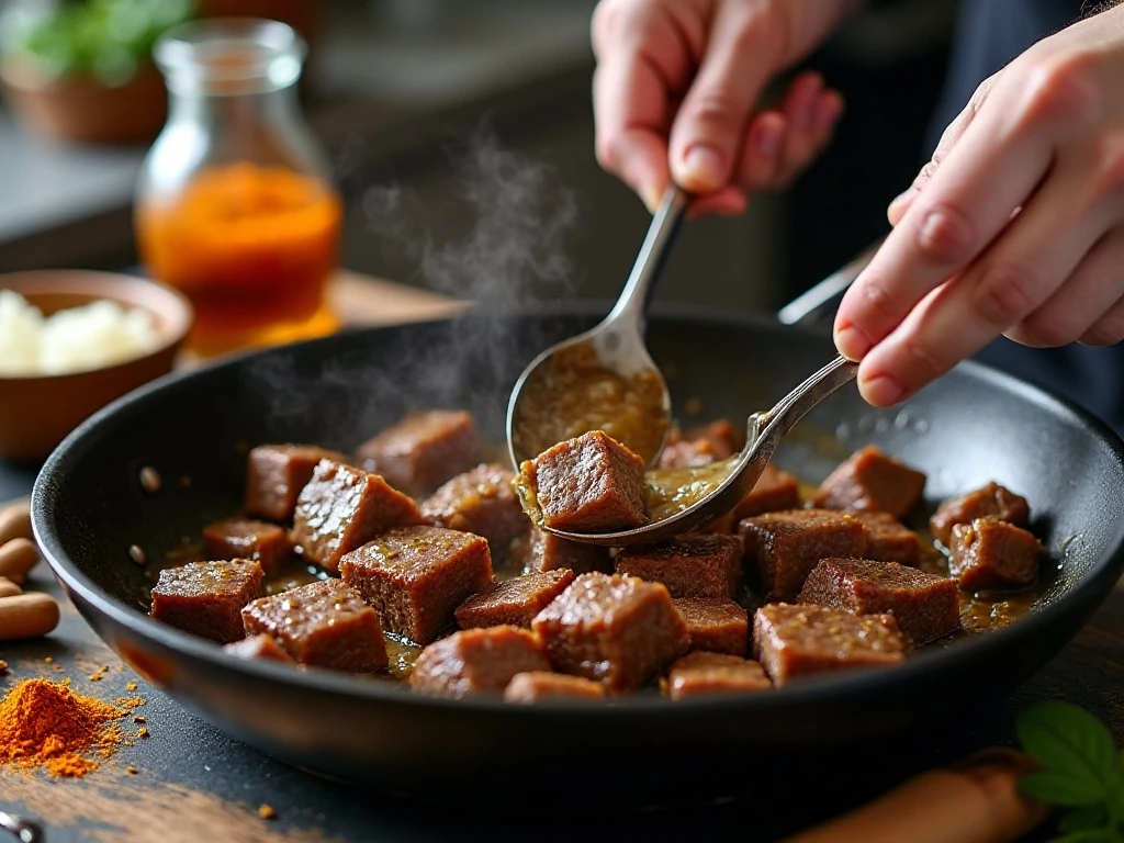 Browning beef and blooming spices for the slow cooker curry