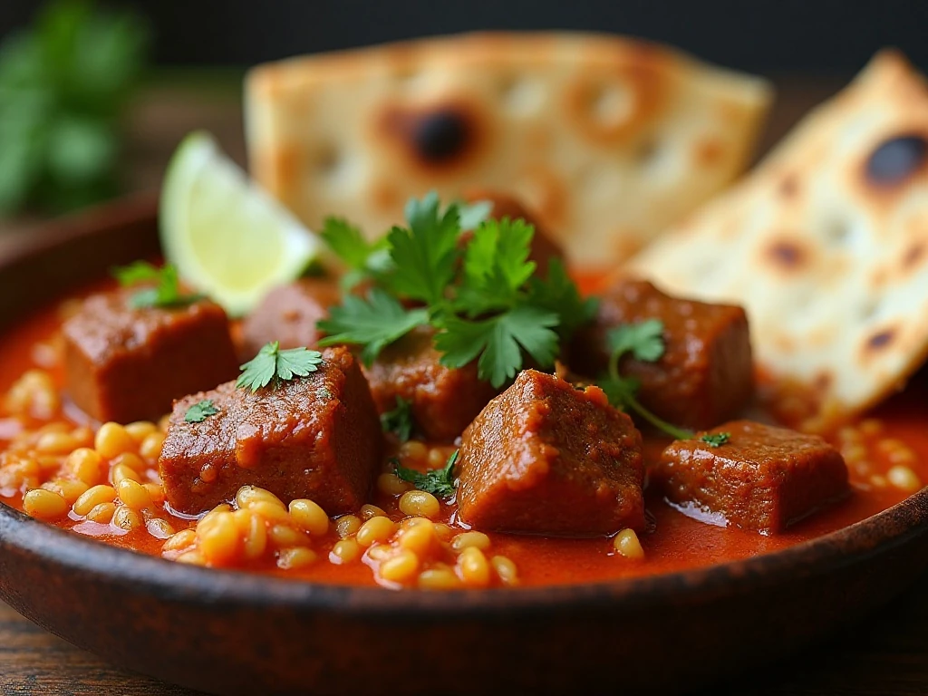 Cilantro-garnished Indian-spiced beef curry served with rice and naan