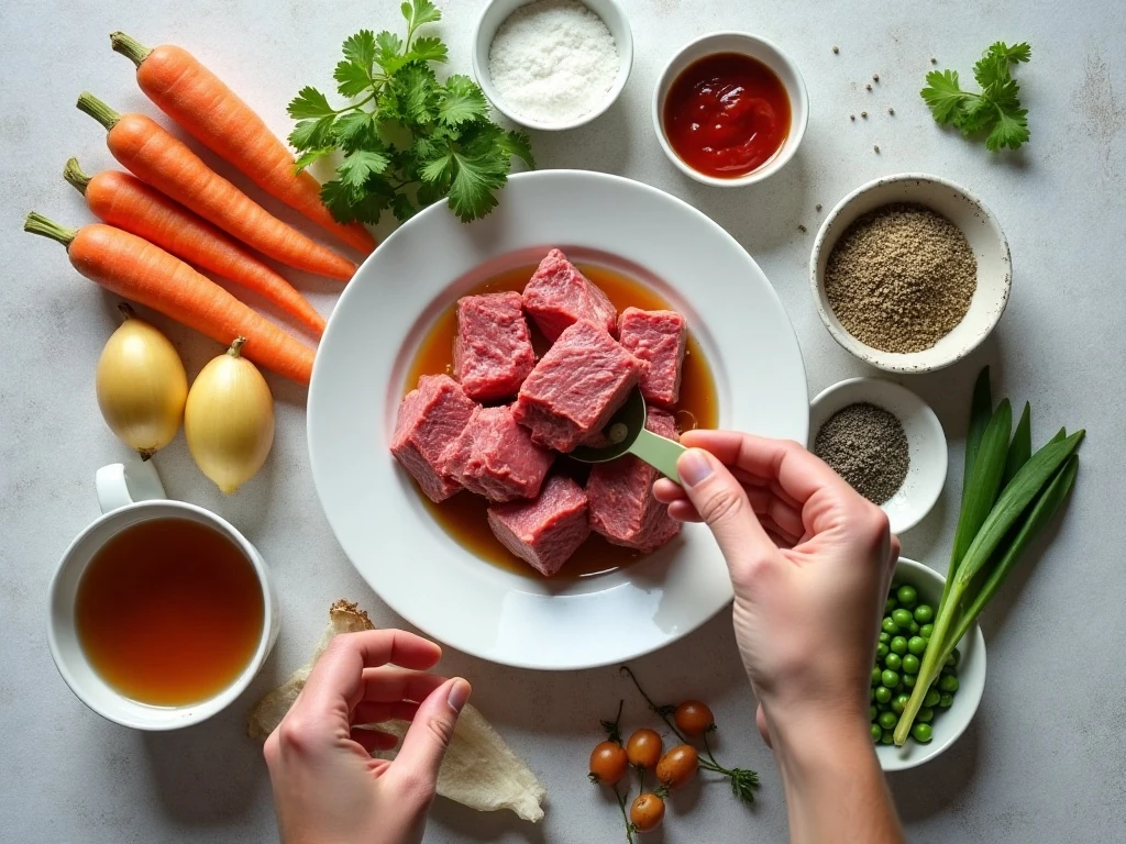 Ingredients for slow cooker beef stew arranged for cooking