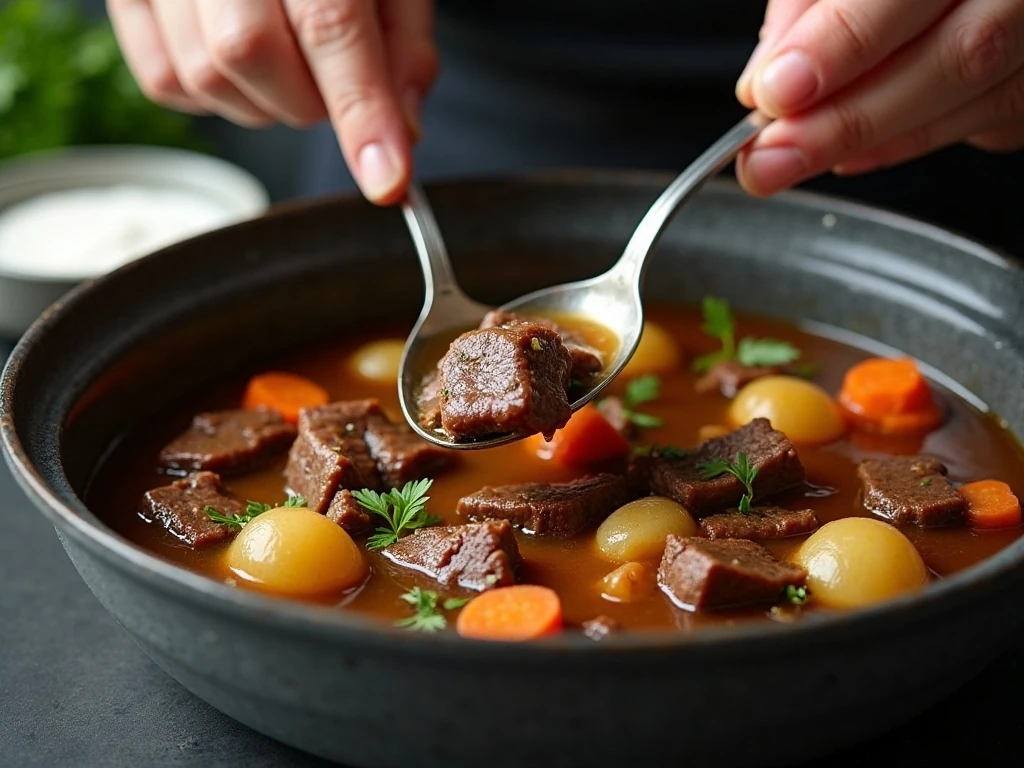Thick savory beef stew being stirred in a Crockpot
