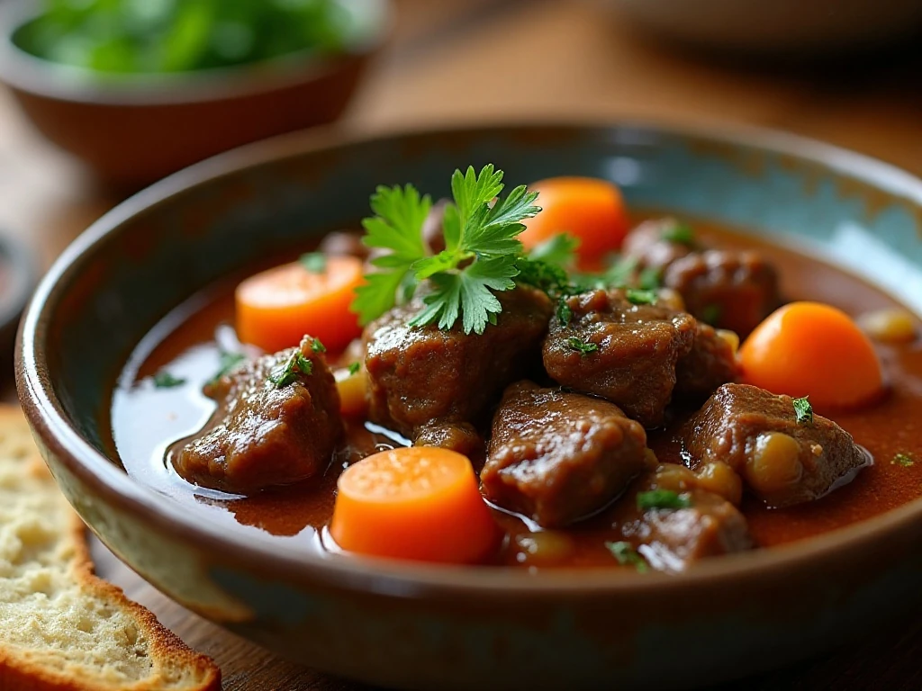 Slow cooker beef stew garnished with parsley and served with bread