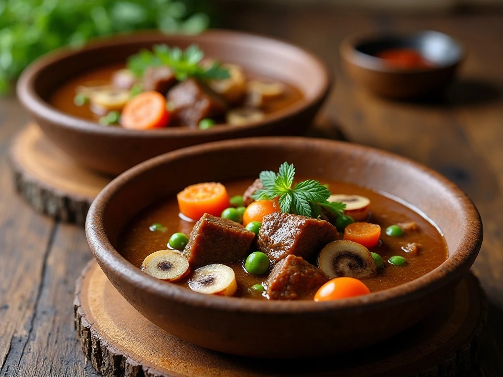Hearty beef stew variations with mushrooms, onions, and peas