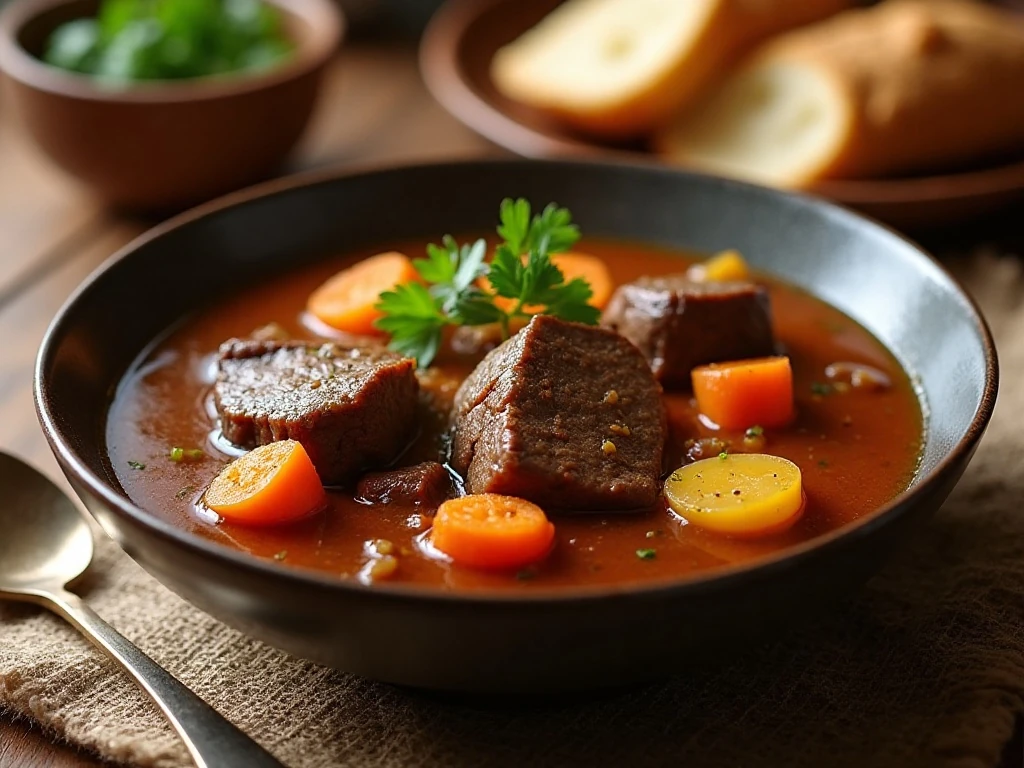 Bowl of slow cooker beef stew with butternut squash, carrots, and potatoes