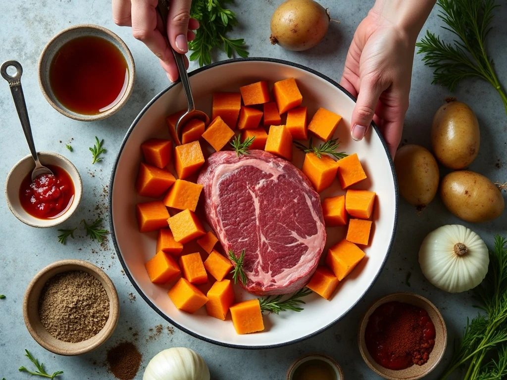 Ingredients for slow cooker beef stew with butternut, carrot, and potatoes