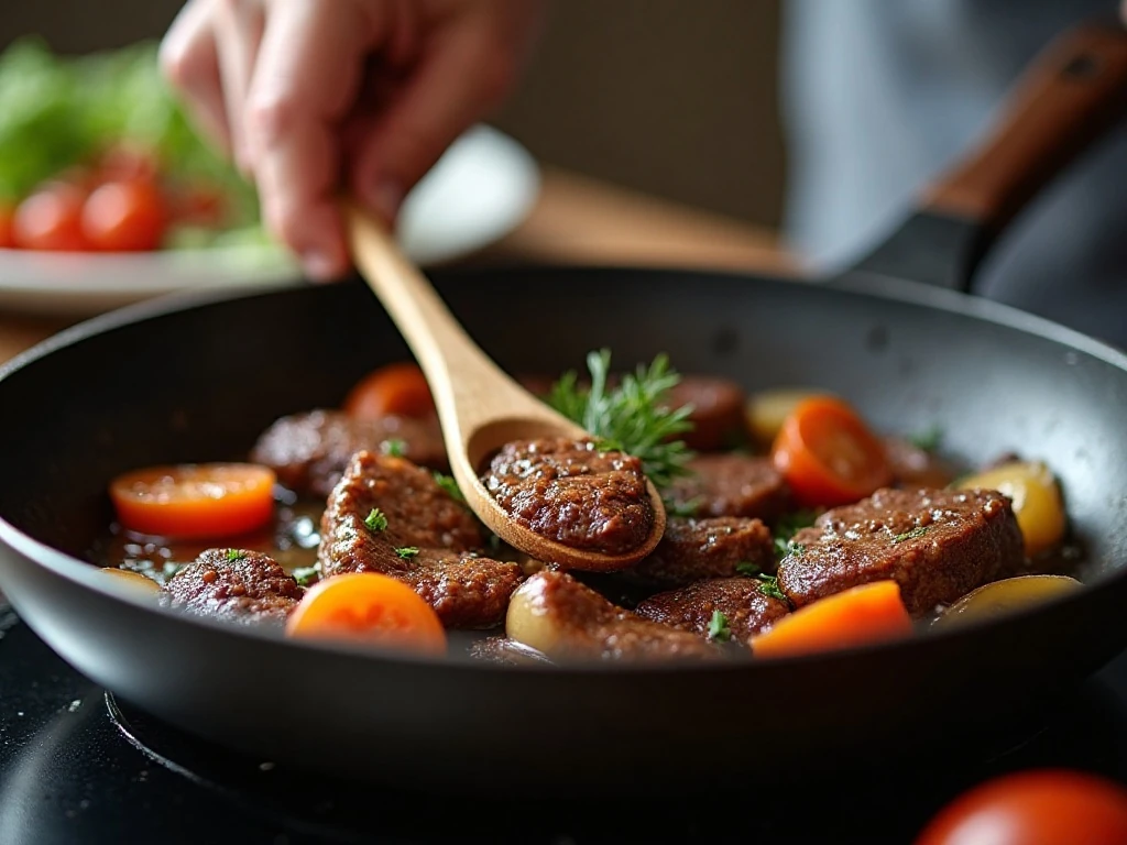 Deglazing the skillet for rich slow cooker beef stew flavor