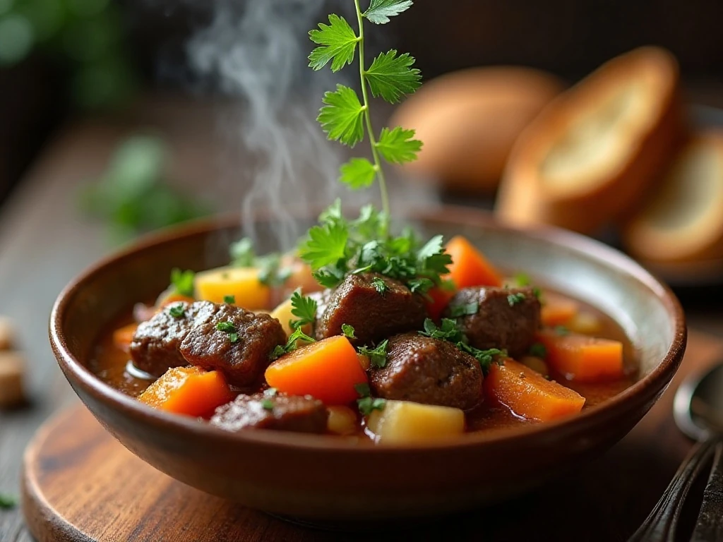 Fresh parsley garnish on slow cooker beef stew