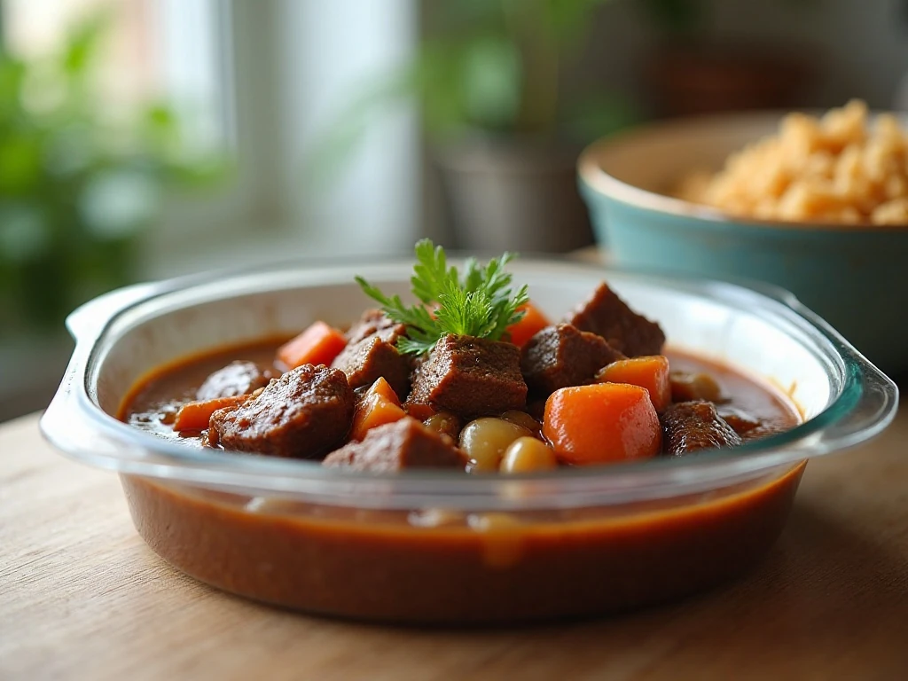 Stored and reheated slow cooker beef stew