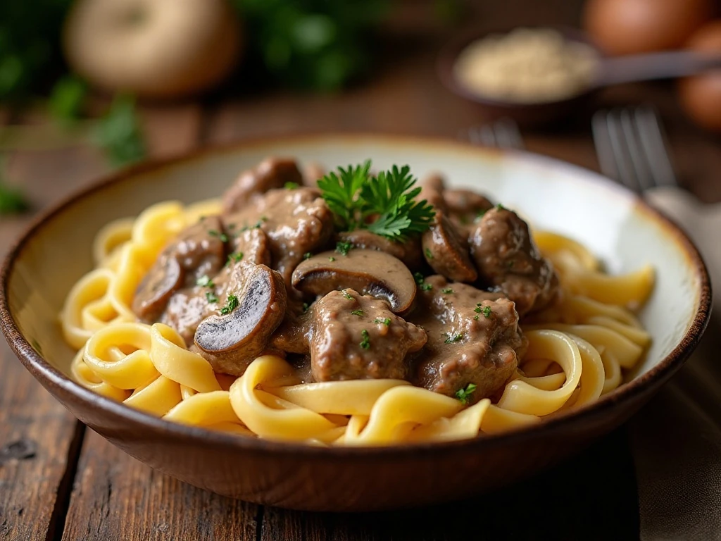 Creamy beef stroganoff served over wide egg noodles