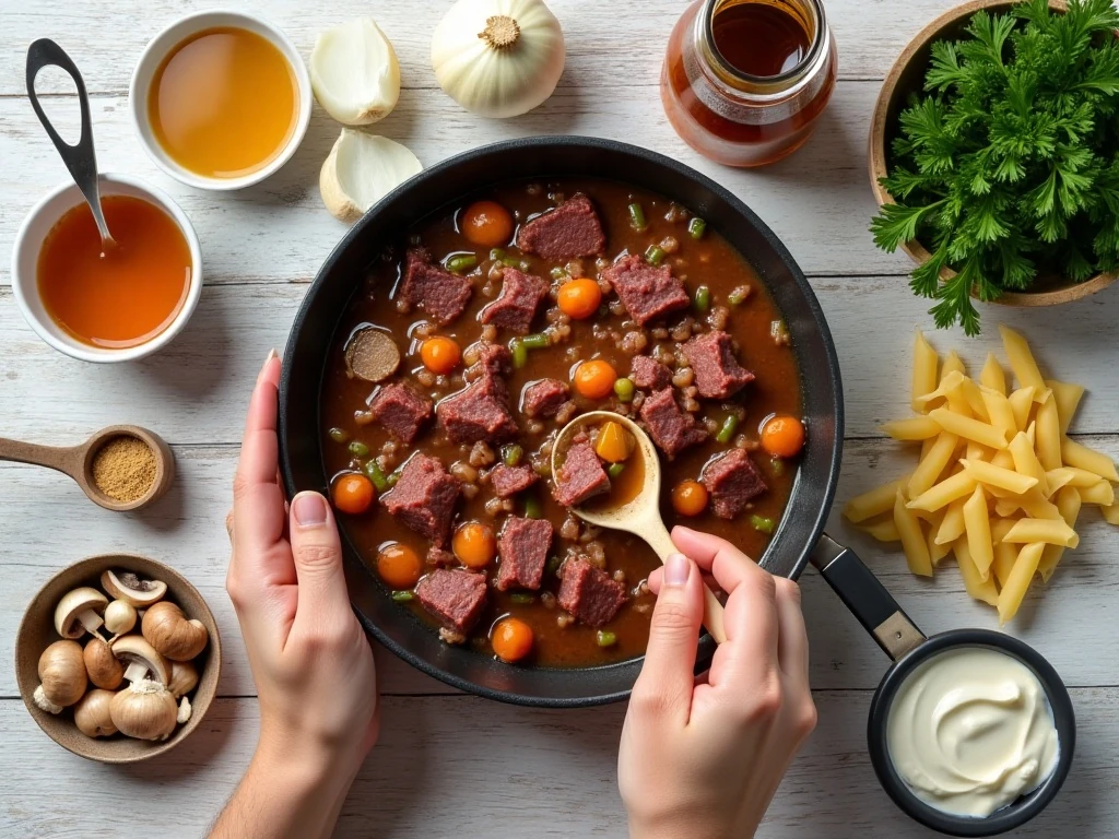 Ingredients for easy slow cooker beef stroganoff