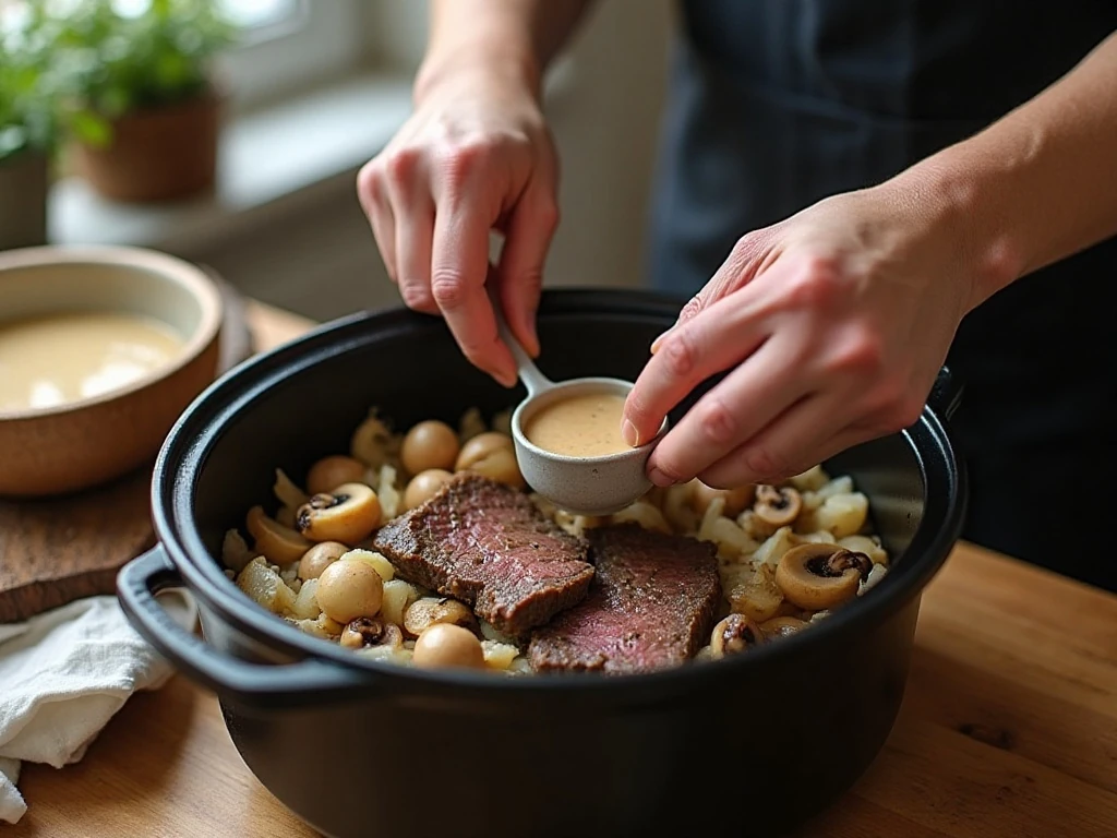 Preparing beef and vegetables for slow cooker stroganoff