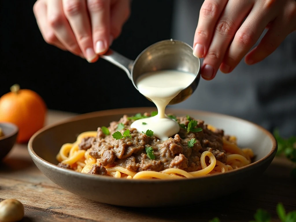 Stirring sour cream into slow cooker stroganoff sauce