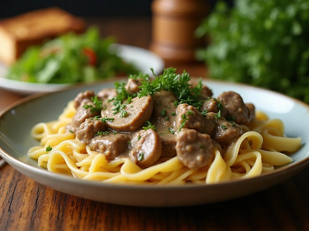 Parsley garnish on creamy beef stroganoff