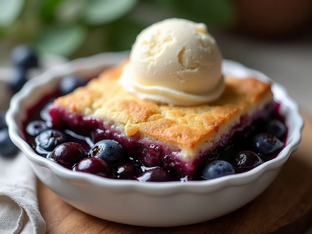 Warm slow cooker blueberry cobbler served with vanilla ice cream