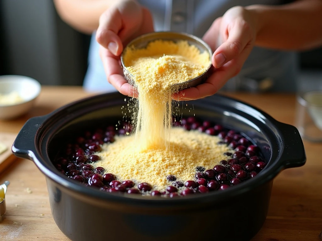 Layering blueberry filling and cake mix in a slow cooker