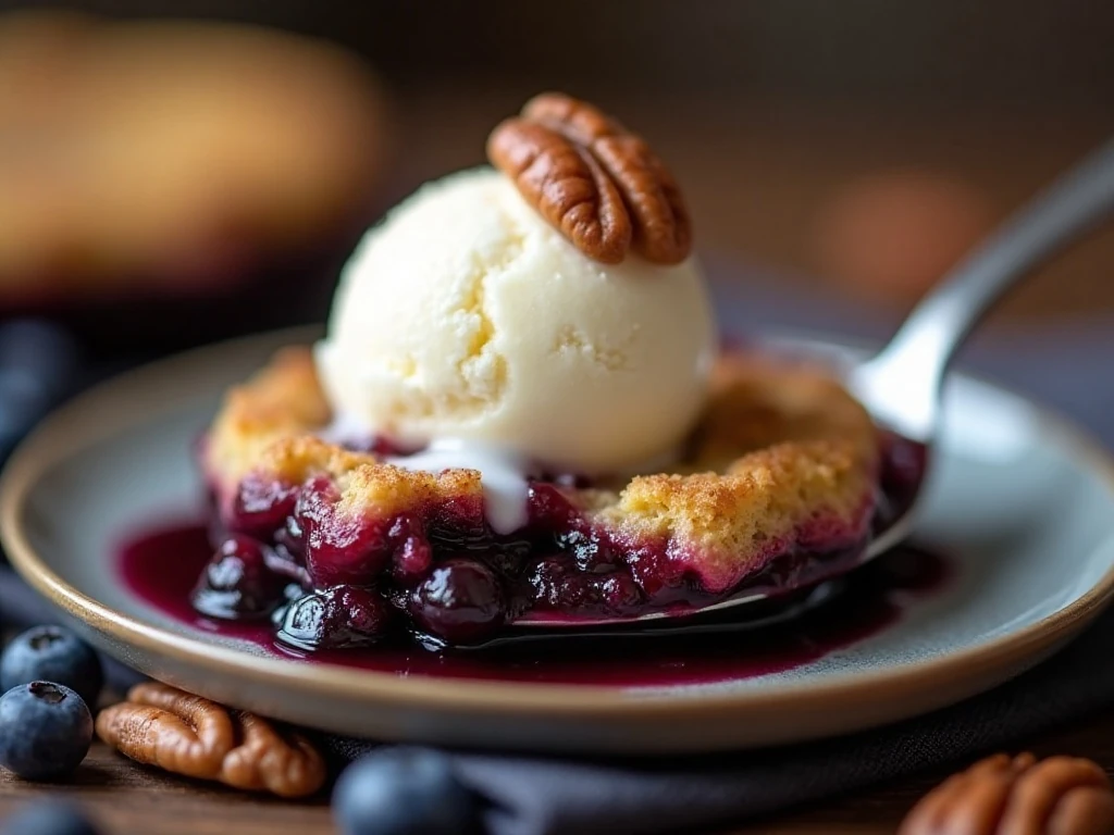 Blueberry cobbler with melting vanilla ice cream and pecans