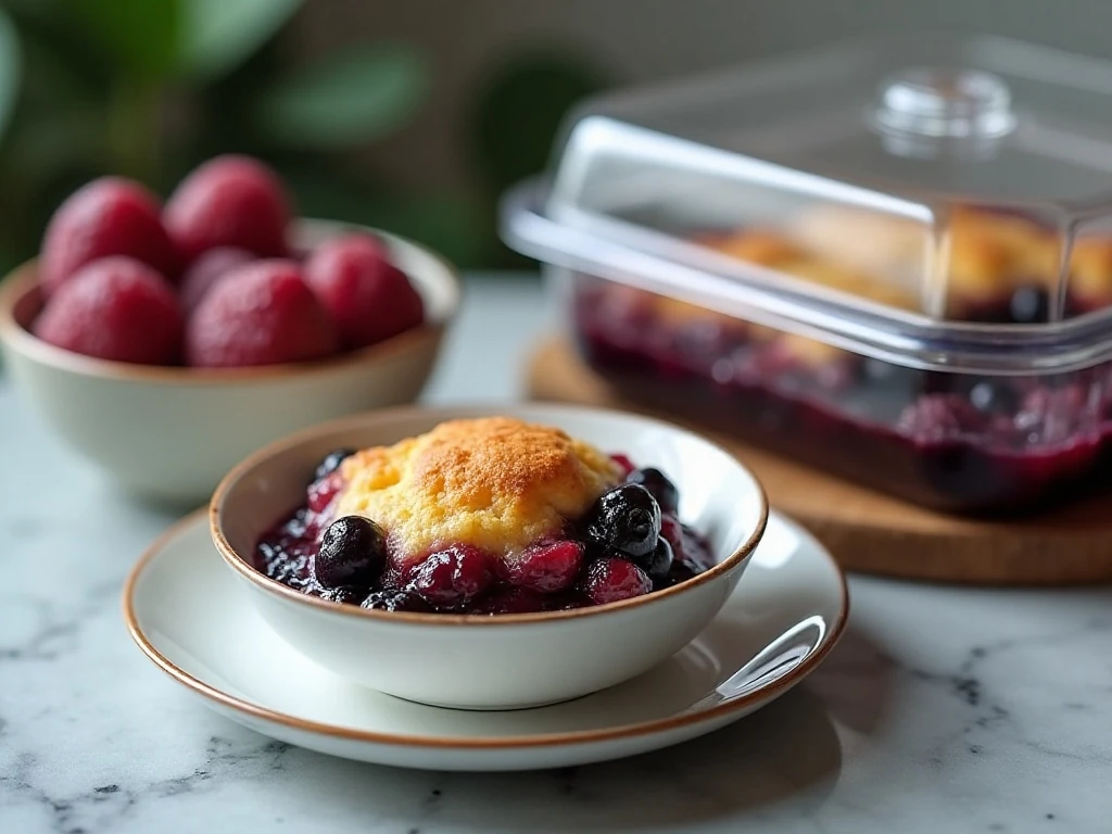 A serving of leftover blueberry cobbler ready to reheat