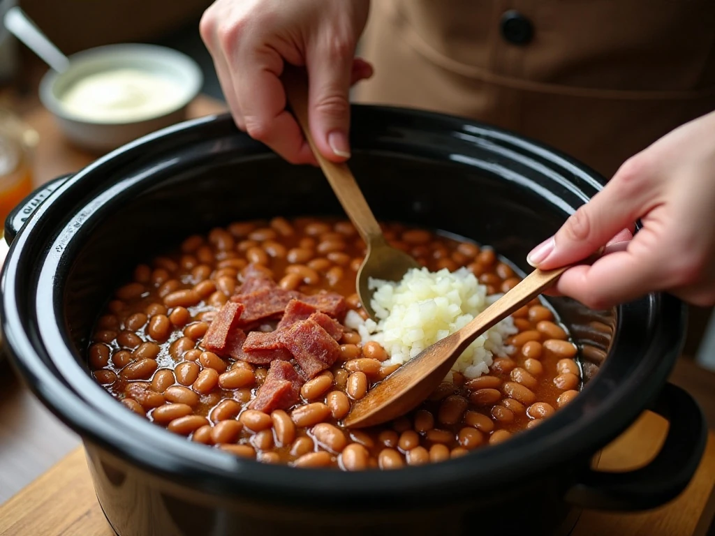 Preparing navy beans and molasses ingredients in a slow cooker