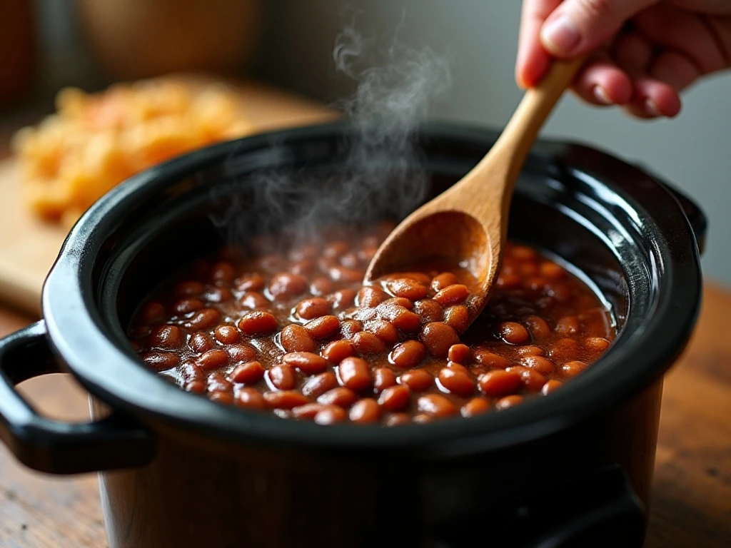 Stirring tender beans in rich molasses sauce