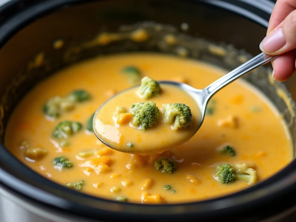 Smooth creamy broccoli cheese soup cooking in a crockpot