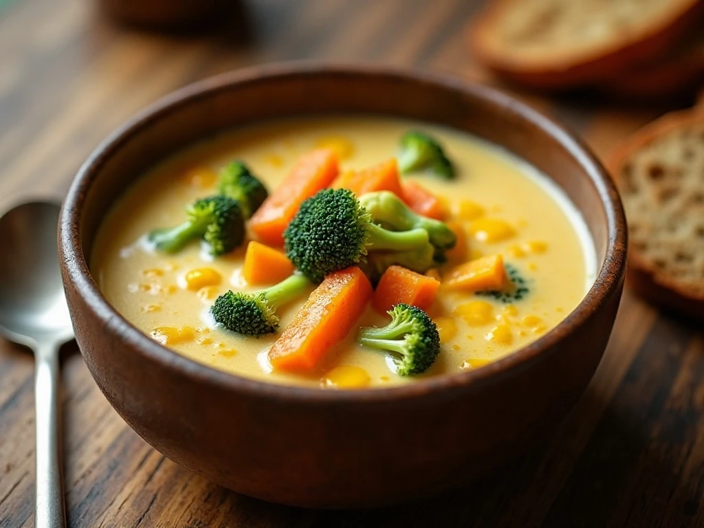 Creamy slow cooker broccoli cheese soup served with crusty bread